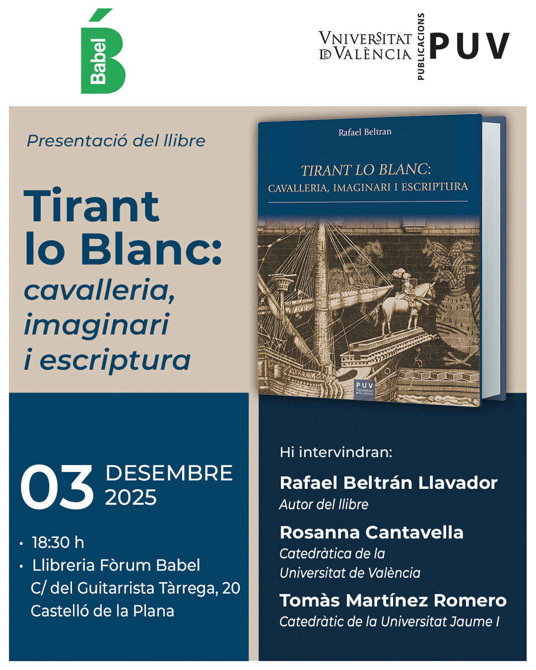 Presentació del llibre "Tirant lo Blanc: cavalleria, imaginari i escriptura" a Castelló 